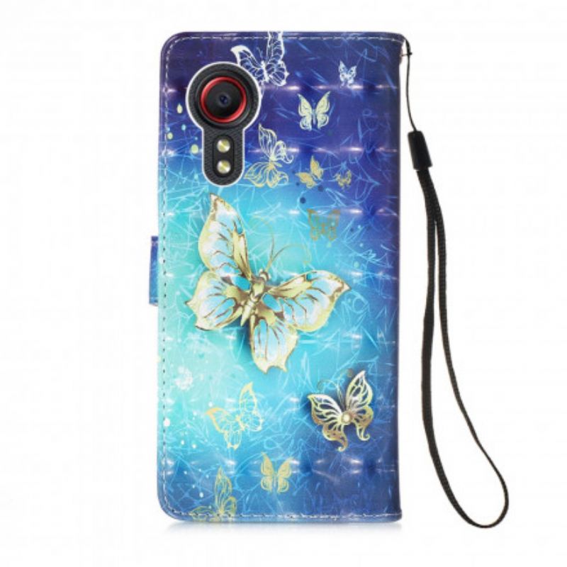 Flip Cover Samsung Galaxy Xcover 5 Gold Butterflies Lanyard