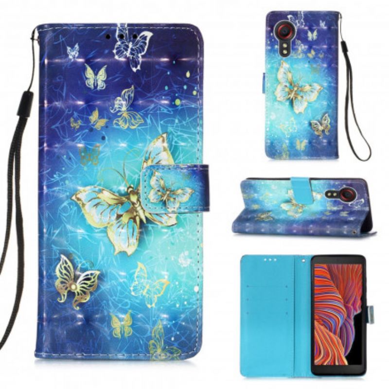 Flip Cover Samsung Galaxy Xcover 5 Gold Butterflies Lanyard