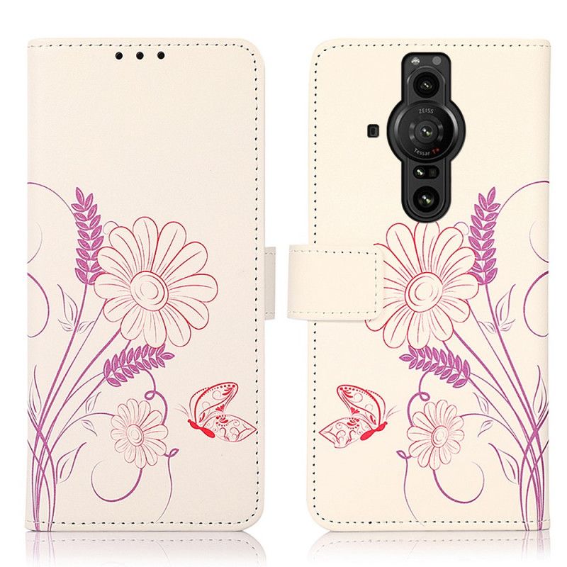 Læder Cover Sony Xperia Pro-i Tegning Sommerfugle Og Blomster