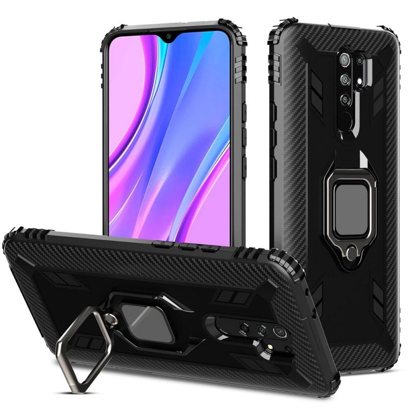 Cover for Xiaomi Redmi 9 Sort Kulfiberstil Ring