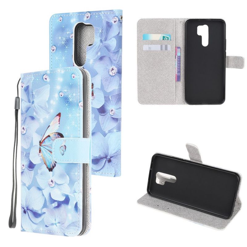 Flip Cover Læder for Xiaomi Redmi 9 Diamant Sommerfugle Med Rem