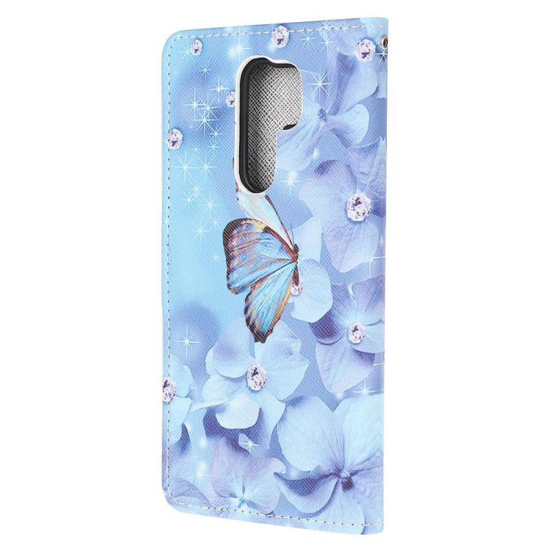 Flip Cover Læder for Xiaomi Redmi 9 Diamant Sommerfugle Med Rem