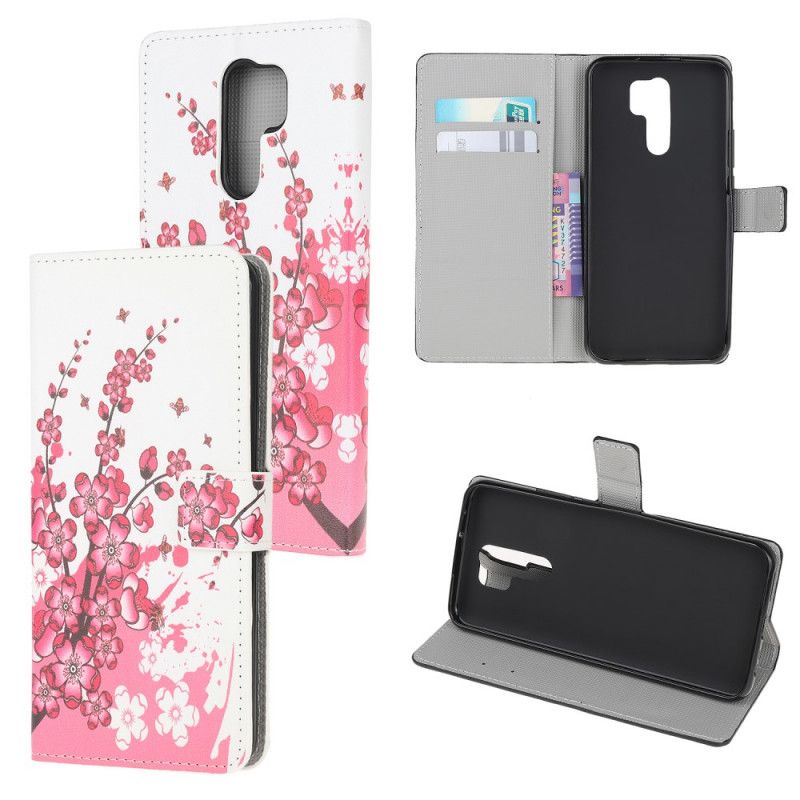 Flip Cover Læder for Xiaomi Redmi 9 Magenta Tropiske Blomster