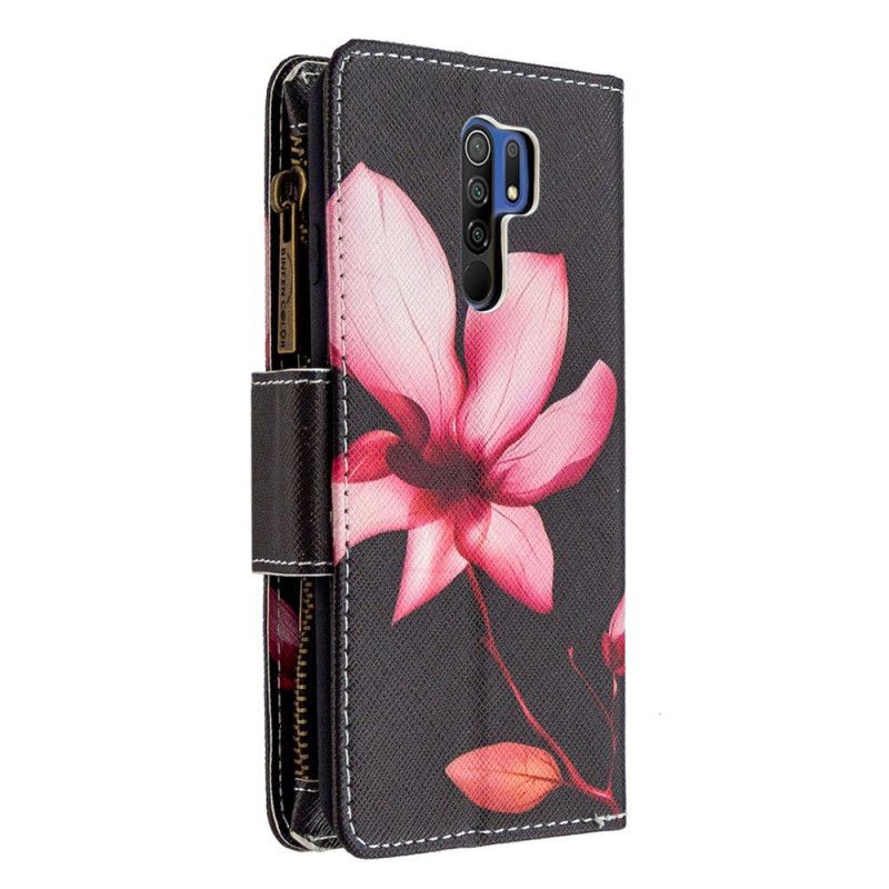 Flip Cover Læder Xiaomi Redmi 9 Sort Blomsterlomme Med Lynlås