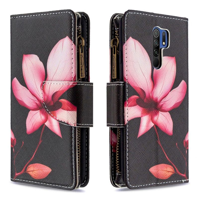 Flip Cover Læder Xiaomi Redmi 9 Sort Blomsterlomme Med Lynlås