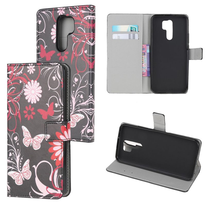 Flip Cover Læder Xiaomi Redmi 9 Sort Sommerfugle Og Blomster Original