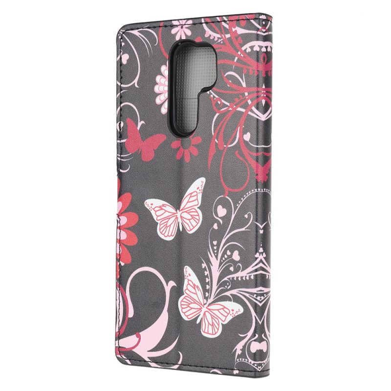 Flip Cover Læder Xiaomi Redmi 9 Sort Sommerfugle Og Blomster Original