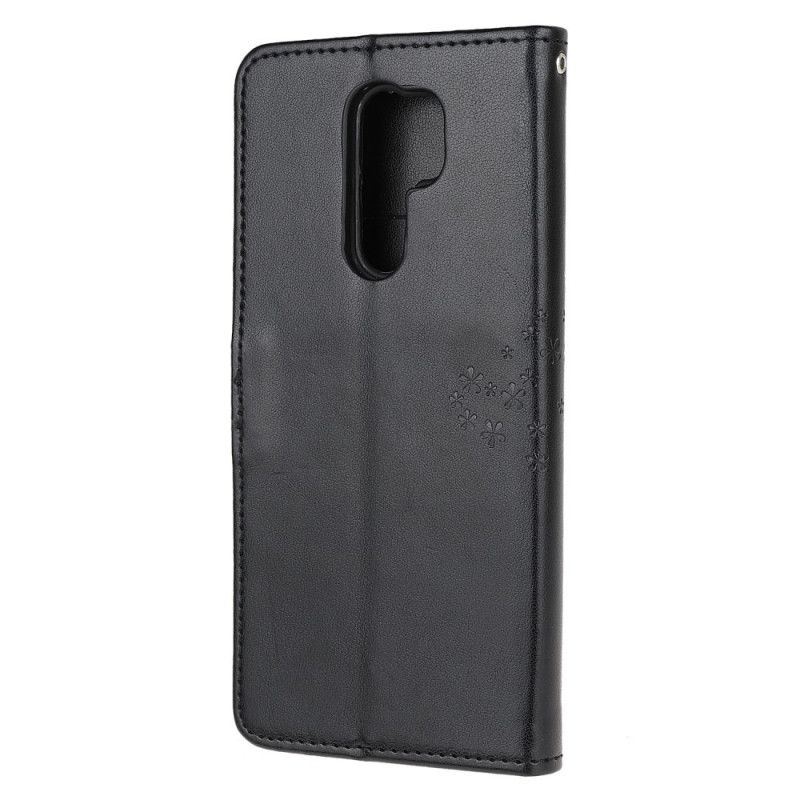 Flip Cover Læder Xiaomi Redmi 9 Sort Ugler Med Træ- Og Bånd Original