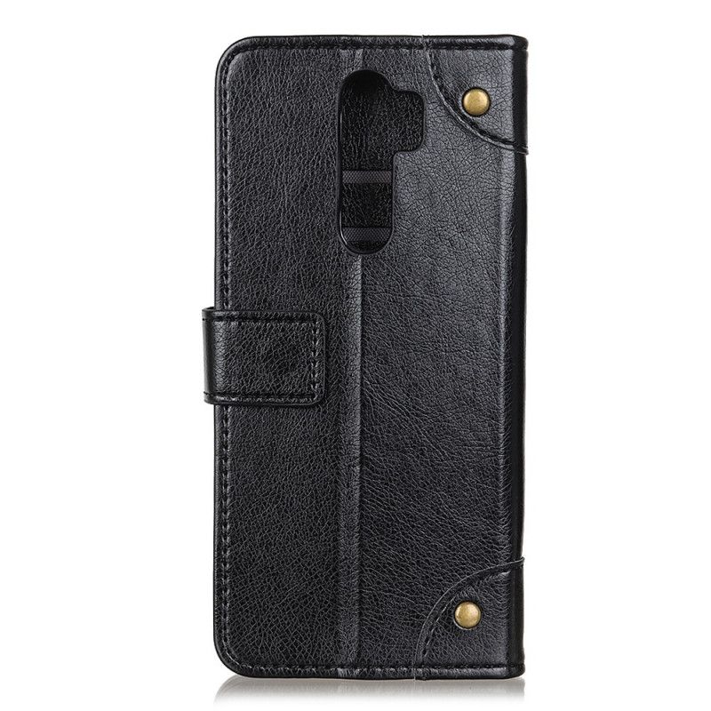 Flip Cover Læder Xiaomi Redmi 9 Sort Vintage Nitter Nappalæder Stil Original