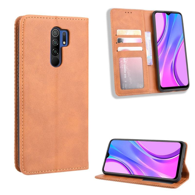 Læder Cover Xiaomi Redmi 9 Sort Stiliseret Vintage Lædereffekt Beskyttelse