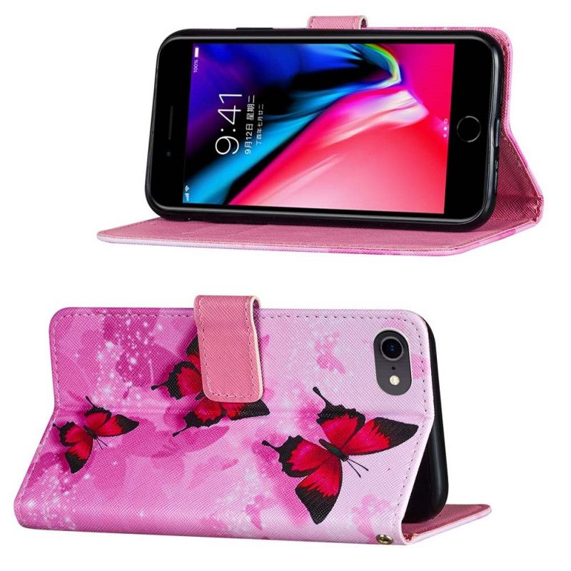 Flip Cover Læder for iPhone 7 / 8 / SE 2 Magenta Sommerfugle I Kunstlæder