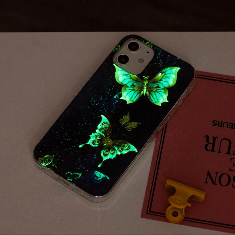 Cover iPhone 12 Mini Mørkeblå Fluorescerende Sommerfugleserie