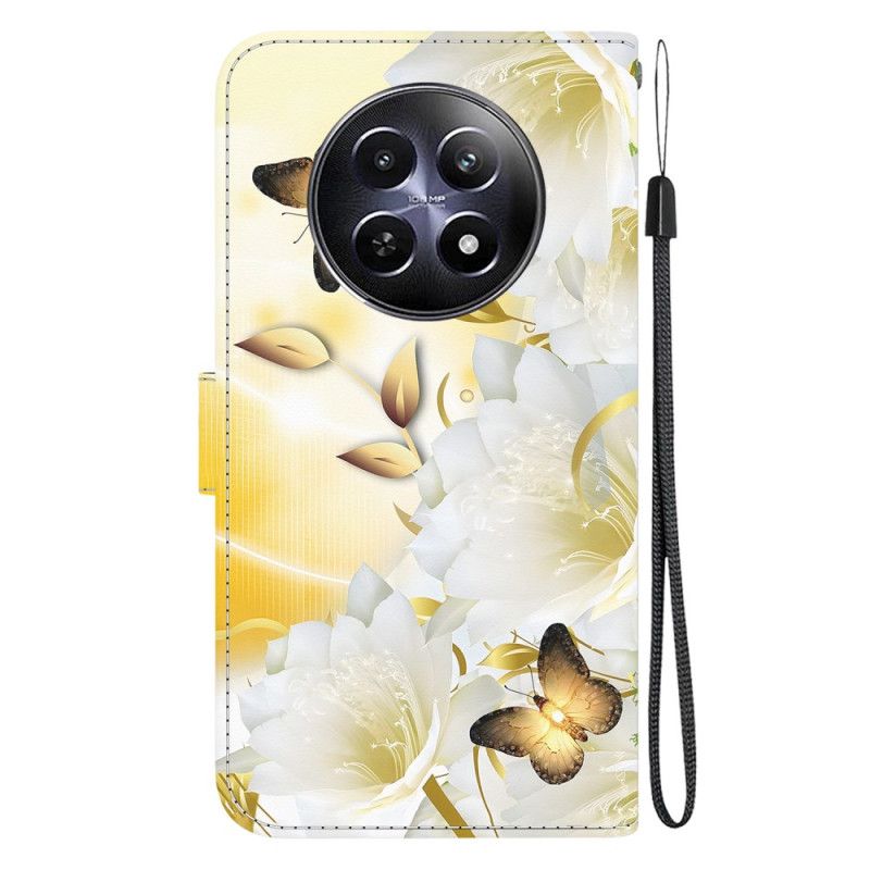 Flip Cover Realme 12 / 12x 5g Gyldne Sommerfugle Og Blomster Med Rem