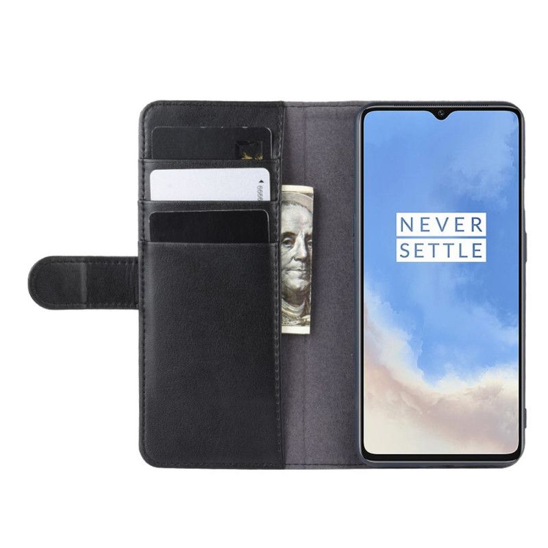 Flip Cover Læder for OnePlus 7T Sort Ægte Læder