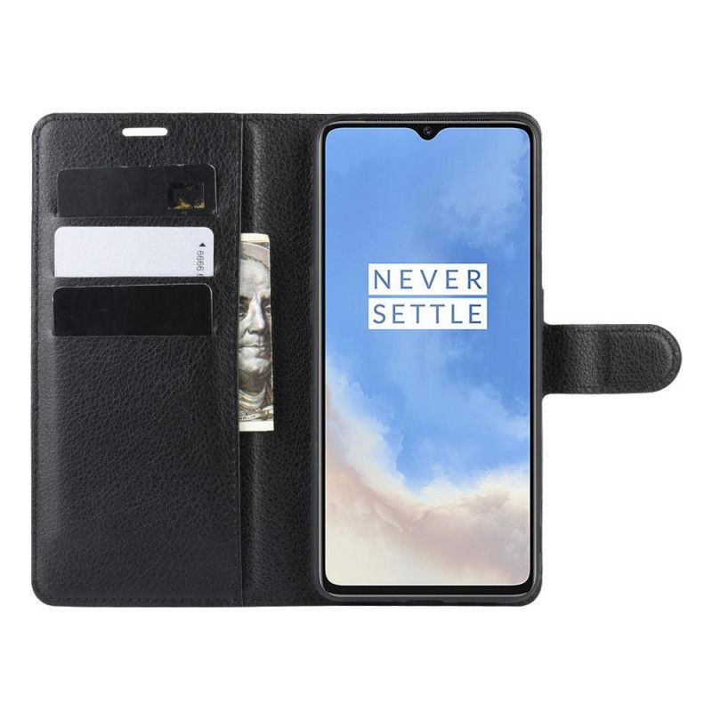 Flip Cover Læder OnePlus 7T Sort Premium Lychee Læder Stil