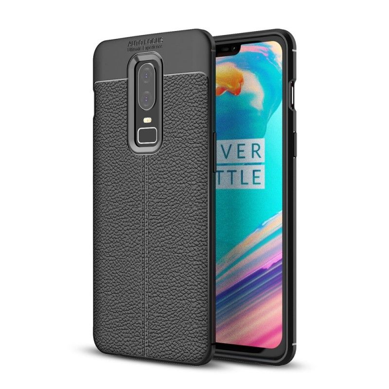 Cover OnePlus 6 Sort Dobbelt Line Lychee Læder Effekt Original