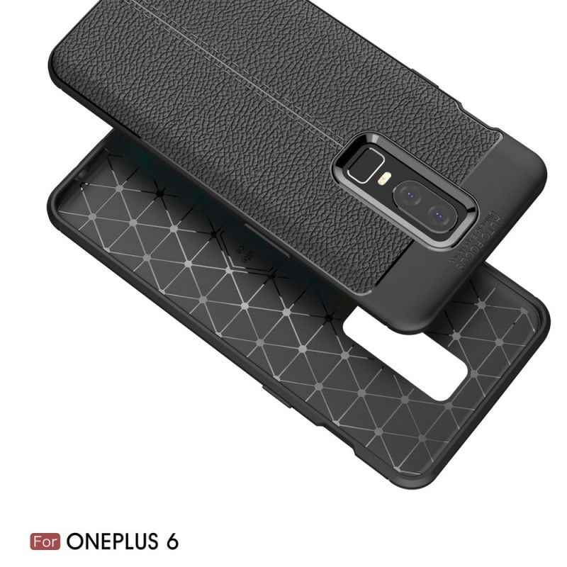 Cover OnePlus 6 Sort Dobbelt Line Lychee Læder Effekt Original