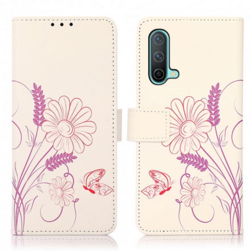 Flip Cover Oneplus Nord Ce 5g Tegning Sommerfugle Og Blomster