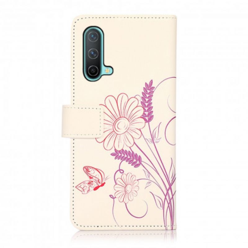 Flip Cover Oneplus Nord Ce 5g Tegning Sommerfugle Og Blomster