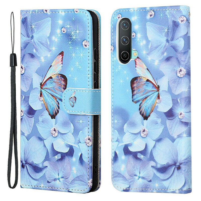 Læder Cover Oneplus Nord Ce 5g Telefon Etui Diamond Strappy Butterflies