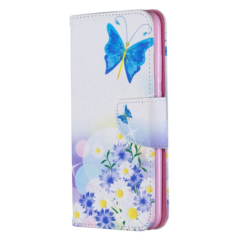 Flip Cover Læder for Huawei P Smart Plus 2019 Lyserød Malede Sommerfugle Og Blomster