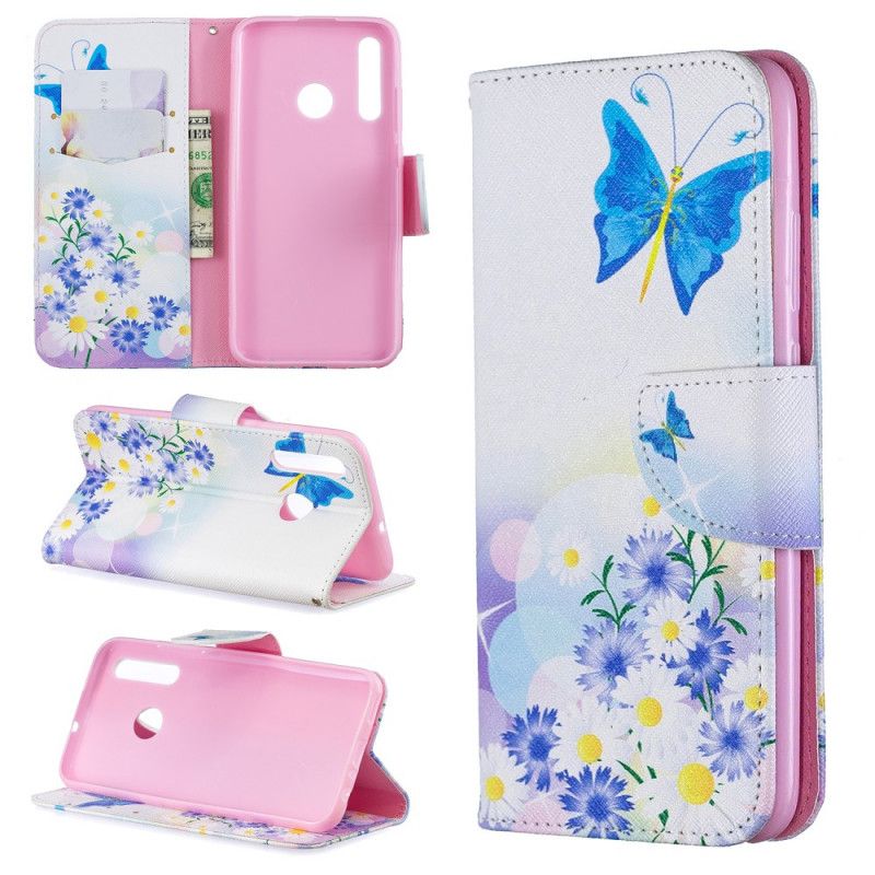 Flip Cover Læder for Huawei P Smart Plus 2019 Lyserød Malede Sommerfugle Og Blomster