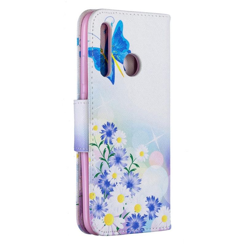 Flip Cover Læder for Huawei P Smart Plus 2019 Lyserød Malede Sommerfugle Og Blomster