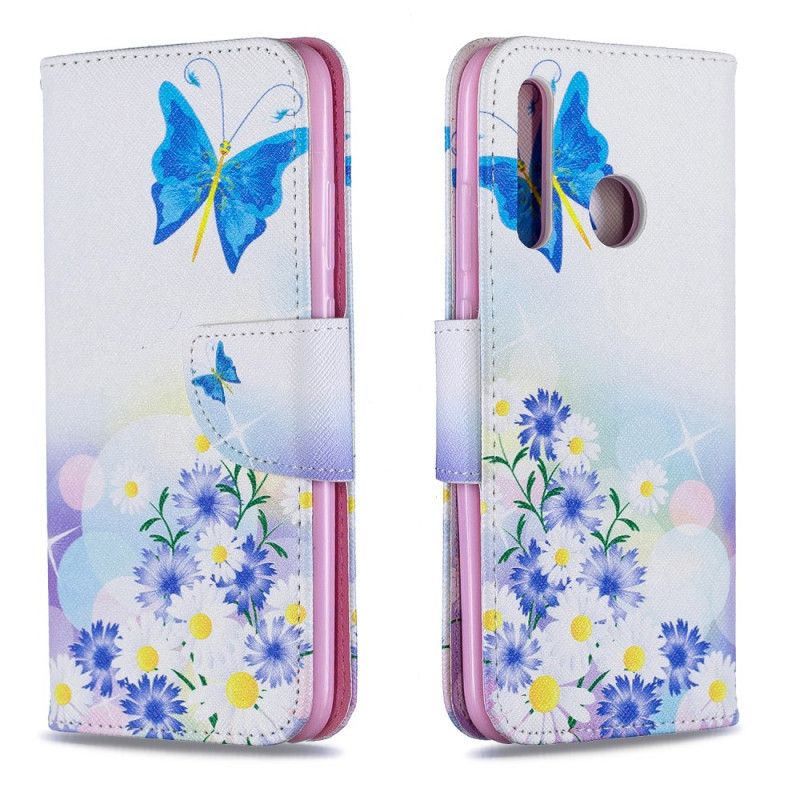 Flip Cover Læder for Huawei P Smart Plus 2019 Lyserød Malede Sommerfugle Og Blomster