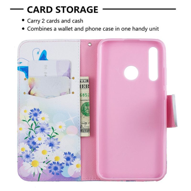 Flip Cover Læder for Huawei P Smart Plus 2019 Lyserød Malede Sommerfugle Og Blomster