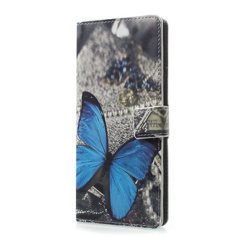 Flip Cover Læder for Sony Xperia 1 Lyseblå Sommerfugle Og Blomster