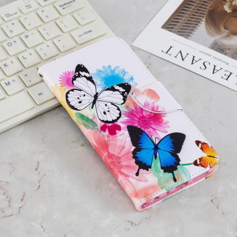 Flip Cover Læder for Xiaomi Redmi Note 5 Magenta Malede Sommerfugle Og Blomster