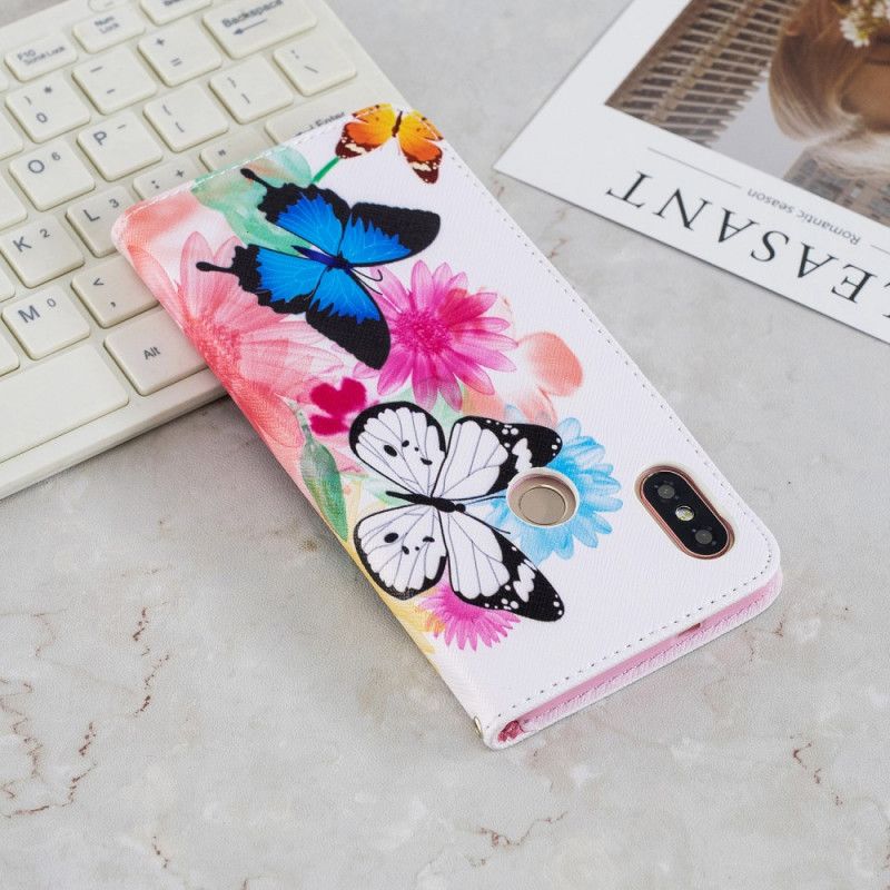 Flip Cover Læder for Xiaomi Redmi Note 5 Magenta Malede Sommerfugle Og Blomster