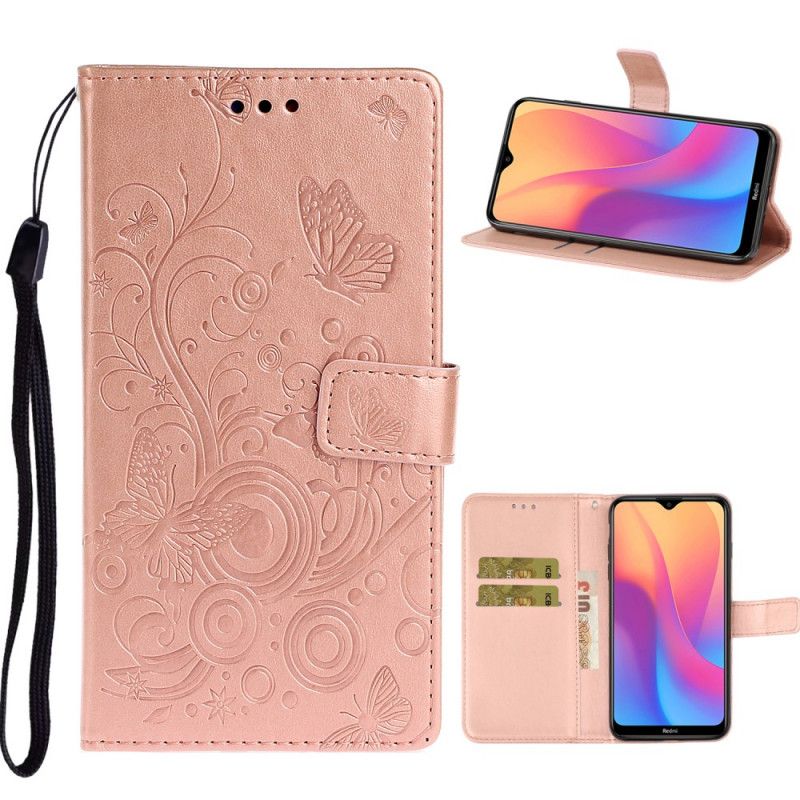 Flip Cover Xiaomi Redmi 8A Lys Lilla Farverige Sommerfugle Og Blomster