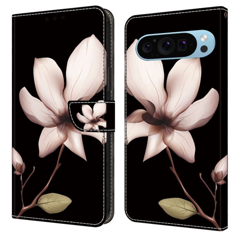 Læder Cover Google Pixel 9 Pro Xl Telefon Etui Lyserød Blomst På Sort Baggrund