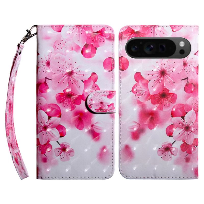 Læder Cover Google Pixel 9 Pro Xl Telefon Etui Rød Blomsterrem