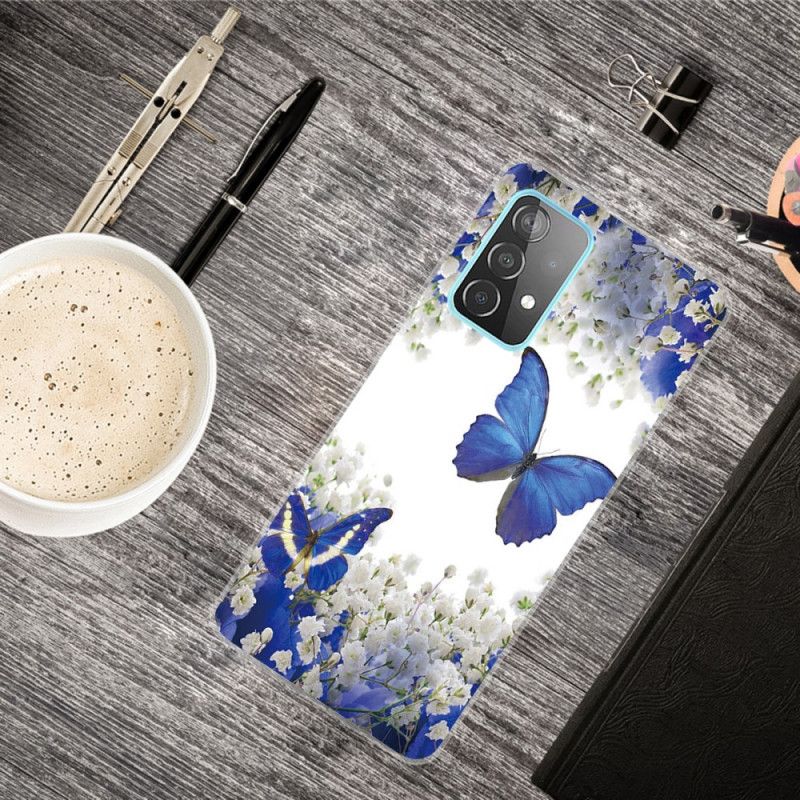 Cover Samsung Galaxy A72 4G / A72 5G Mørkeblå Design Sommerfugle