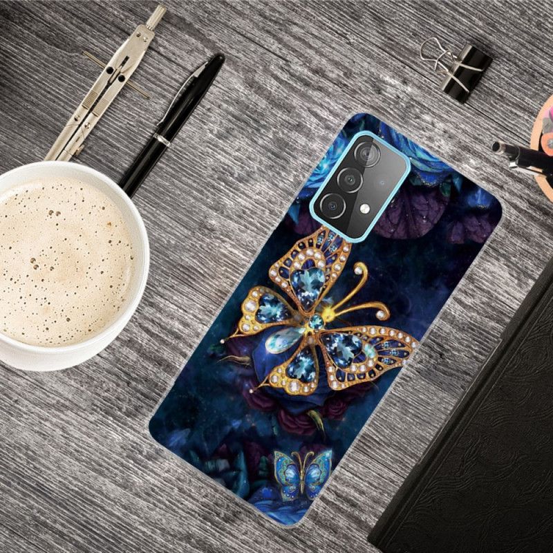 Cover Samsung Galaxy A72 4G / A72 5G Mørkeblå Luksus Sommerfugl