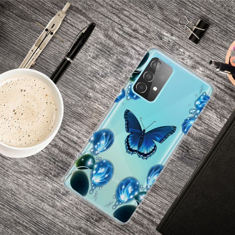 Cover Samsung Galaxy A72 4G / A72 5G Mørkeblå Luksus Sommerfugl