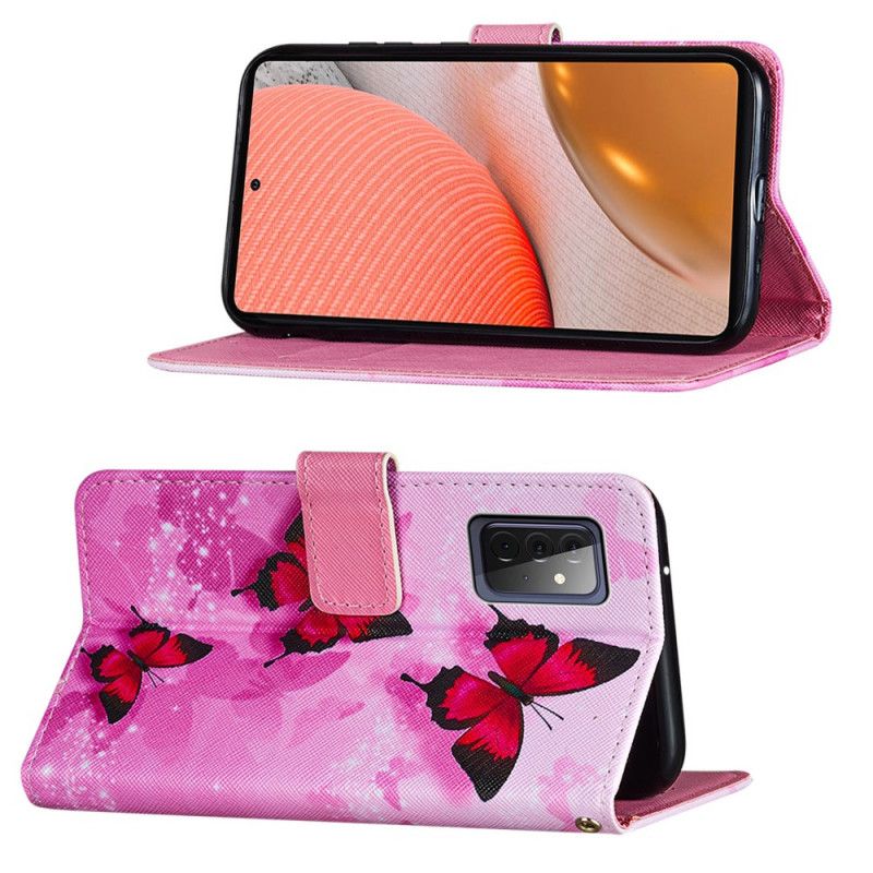 Flip Cover Læder Samsung Galaxy A72 4G / A72 5G Magenta Teksturerede Kunstlæder Sommerfugle Beskyttelse