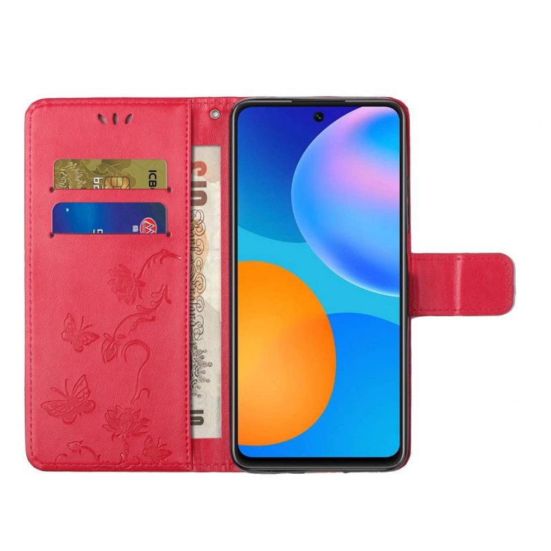 Flip Cover Læder Samsung Galaxy A72 4G / A72 5G Sort Sommerfugle Og Tanga Blomster