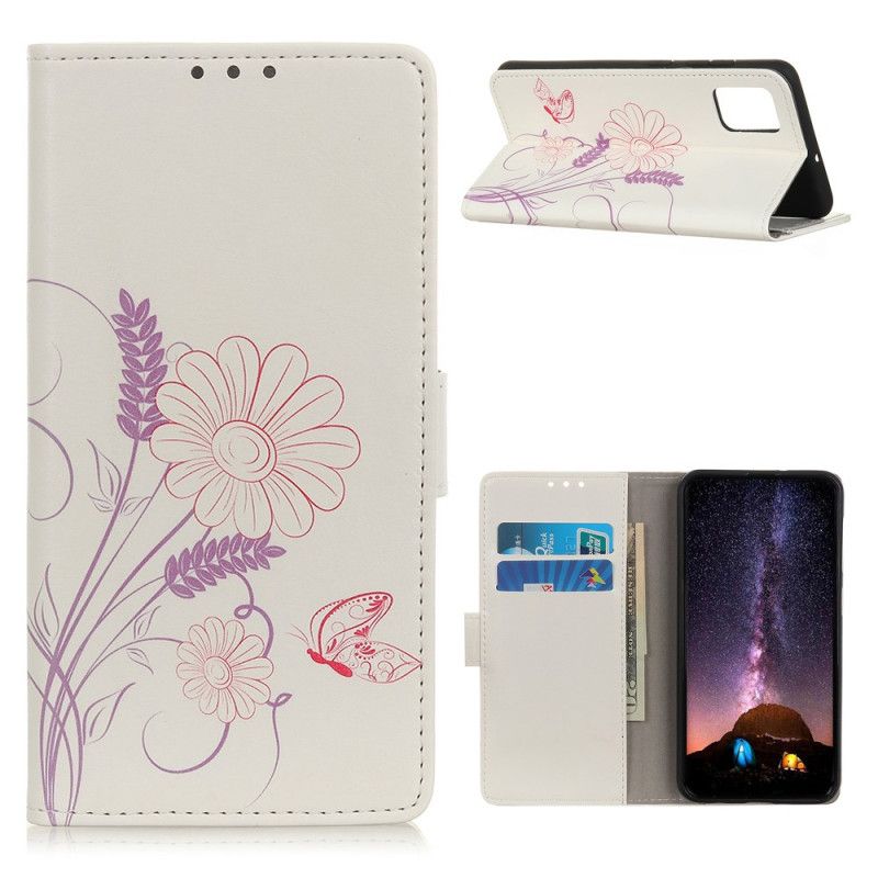 Flip Cover Læder Samsung Galaxy A72 4G / A72 5G Tegning Af Sommerfugle Og Blomster