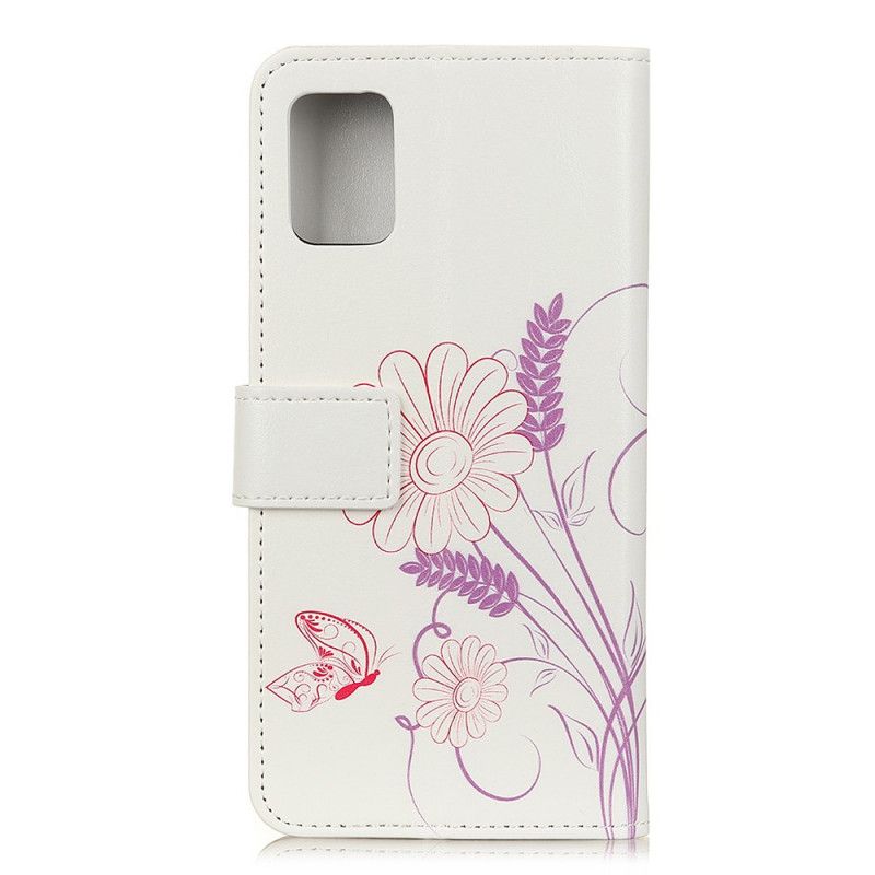 Flip Cover Læder Samsung Galaxy A72 4G / A72 5G Tegning Af Sommerfugle Og Blomster