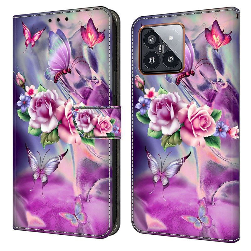 Læder Cover Xiaomi 14 Pro Lilla Sommerfugle Og Blomster