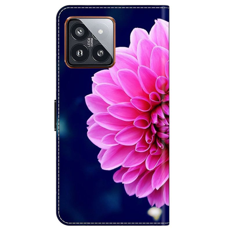 Læder Cover Xiaomi 14 Pro Lyserød Blomst På Blå Baggrund