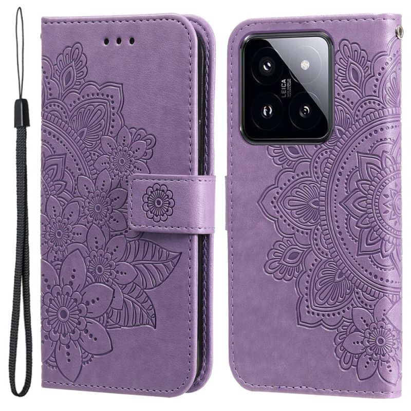 Læder Cover Xiaomi 14 Pro Telefon Etui Blomstermønster Med Rem