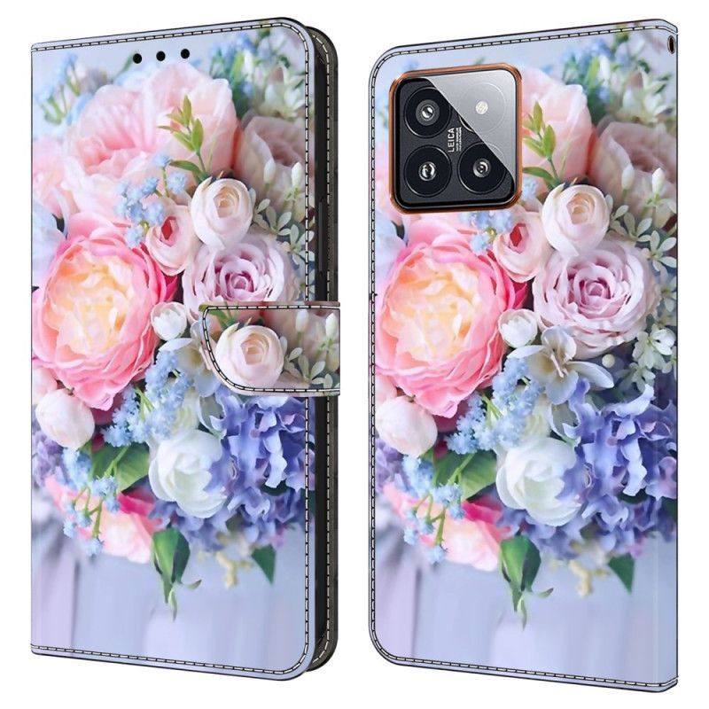 Læder Cover Xiaomi 14 Pro Telefon Etui Farverige Blomster