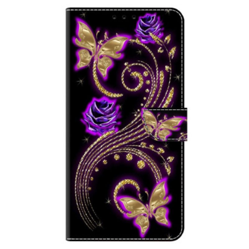 Læder Cover Xiaomi 14 Pro Violette Blomster Og Sommerfugle