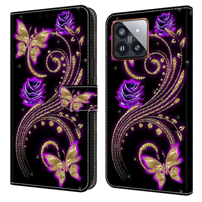 Læder Cover Xiaomi 14 Pro Violette Blomster Og Sommerfugle