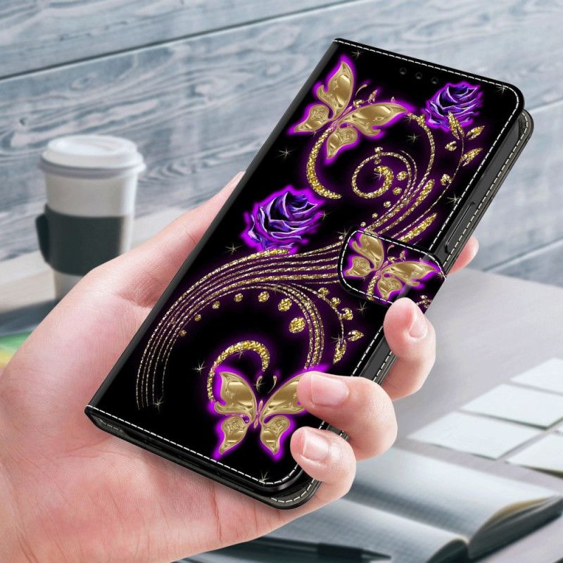 Læder Cover Xiaomi 14 Pro Violette Blomster Og Sommerfugle