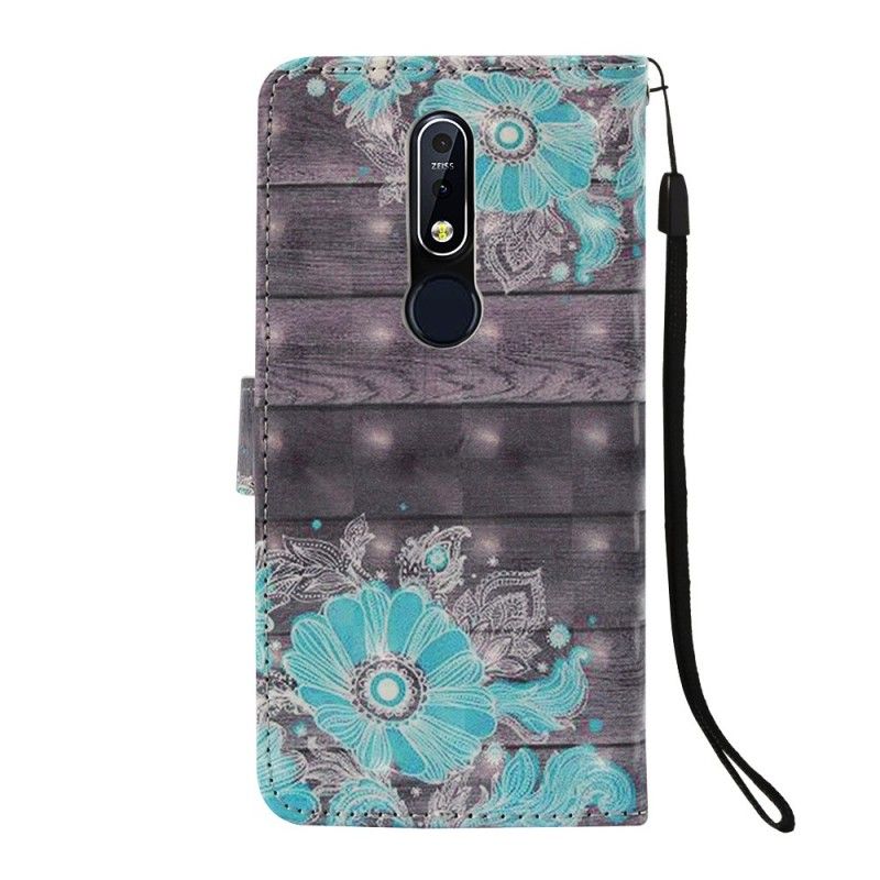 Flip Cover Læder for Nokia 7.1 Blå Blomster